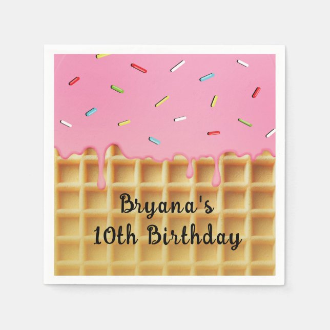 Guardanapo De Papel Cone de Waffle de Sorvete de Morango Aniversário (Frente)