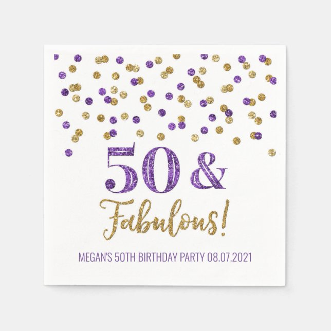 Guardanapo De Papel Confetti Dourado Roxo 50 e aniversário fabuloso (Frente)