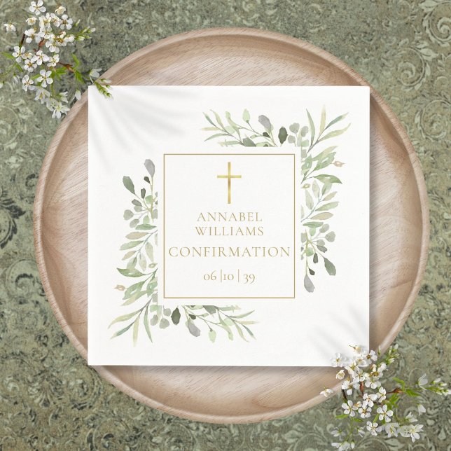 Guardanapo De Papel Confirmação Dourada Floral de Aquarela Verde (Watercolor Greenery Floral Gold Confirmation Napkins)