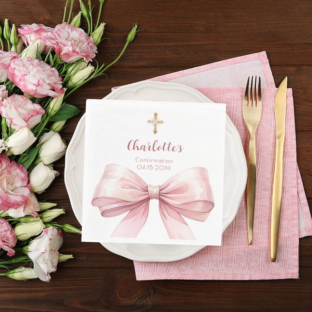 Guardanapo De Papel Confirmation blush pink bow cross luncheon (Criador carregado)