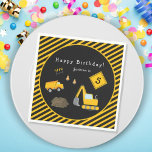 Guardanapo De Papel Construction Happy Birthday - Name and Age Boy<br><div class="desc">Celebrate your little one's special day with these custom boy paper napkins with an adorable construction theme. Each napkin has a dump truck and excavator working together at a road construction site. There are also orange traffic cones, a safety divider, and yellow and black stripes. Add your child's name and...</div>