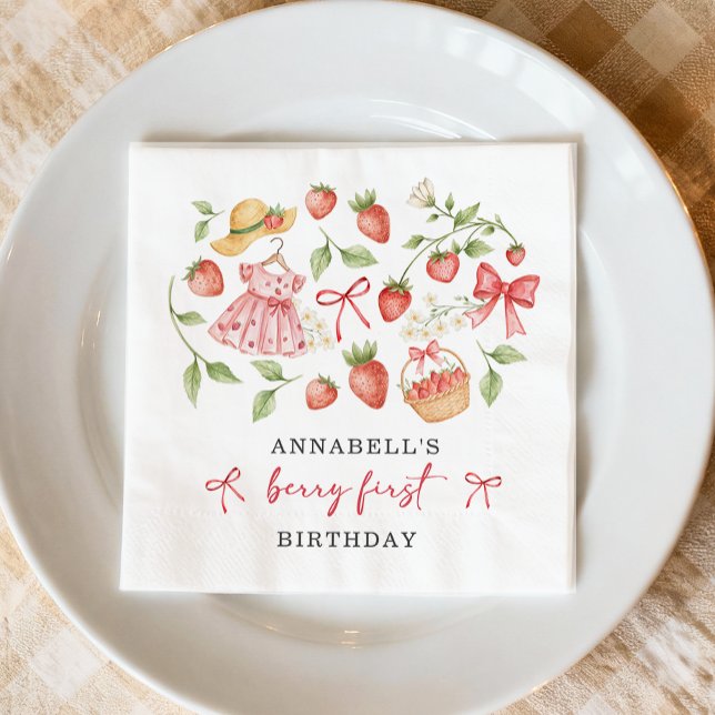 Guardanapo De Papel Convite de 1º Aniversário Morango Primeiro Doce Mo (Criador carregado)