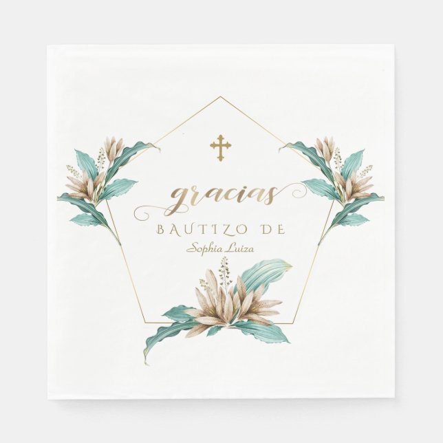 Guardanapo De Papel Convite De Batismo Com Flores Marfim Dourado Lírio (Frente)