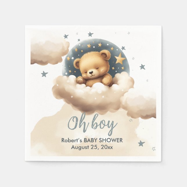 Guardanapo De Papel Convite de chá de bebê com urso azul nas nuvens  (Frente)