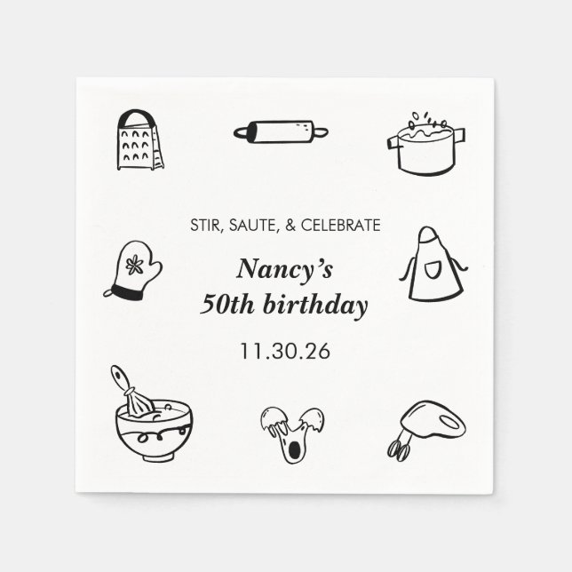 Guardanapo De Papel Cooking Birthday Party Hand Drawn Chef Minimalist  (Frente)