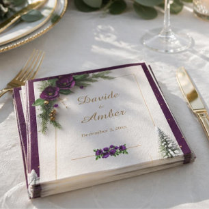 Guardanapo De Papel Coquetel de casamento de inverno elegante roxo e d