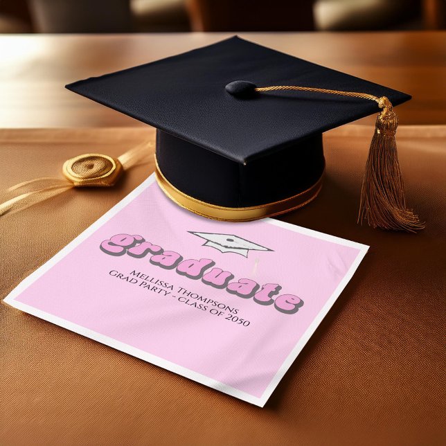 Guardanapo De Papel Coquetel Personalizado da Festa de formatura Retro (Pink retro graduation cocktail napkin)