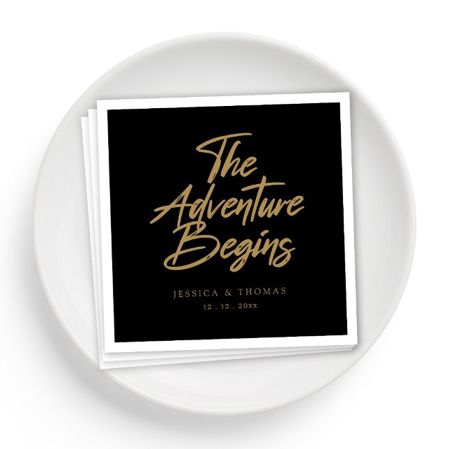Guardanapo De Papel Coquetel Preto e Dourado Elegante Personalizado (Personalized Elegant Black & Gold Wedding Cocktail Napkins)