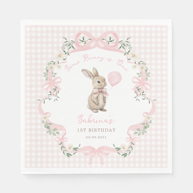 Guardanapo De Papel Coquette Bow Bunny Pink Gingham 1st Birthday (Frente)
