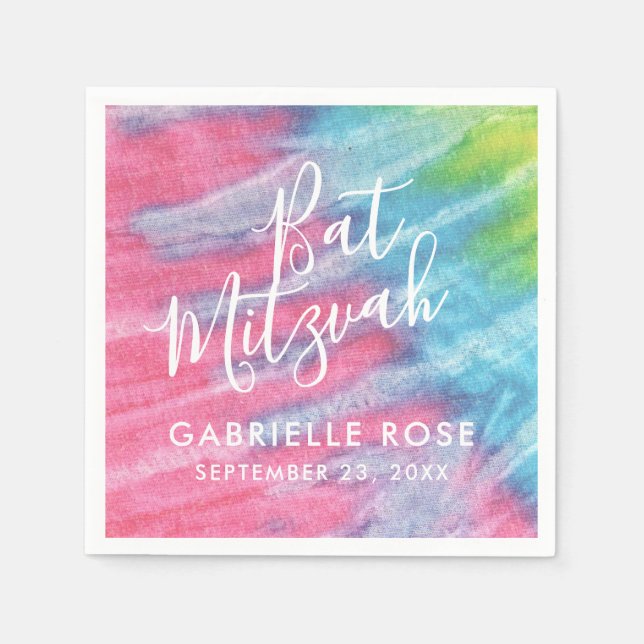 Guardanapo De Papel Cor Azul Rosa Personalizada Tie Dye Bat Mitzvah (Frente)