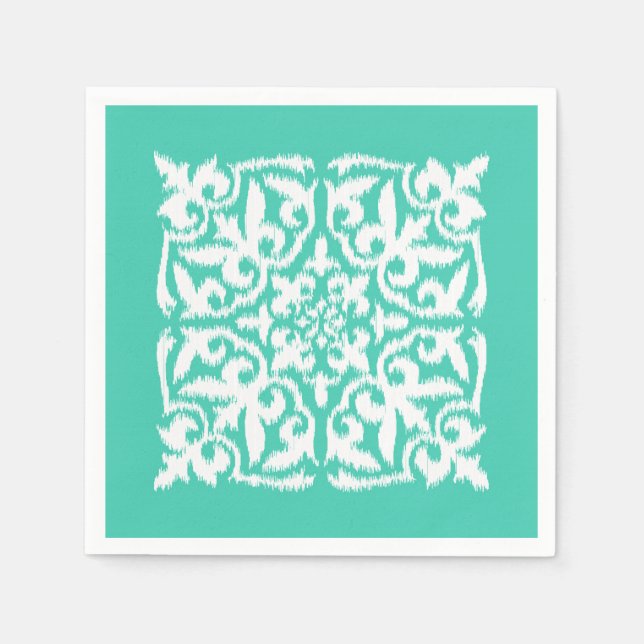 Guardanapo De Papel Cor damasco Ikat - azul-pavão e branco (Frente)