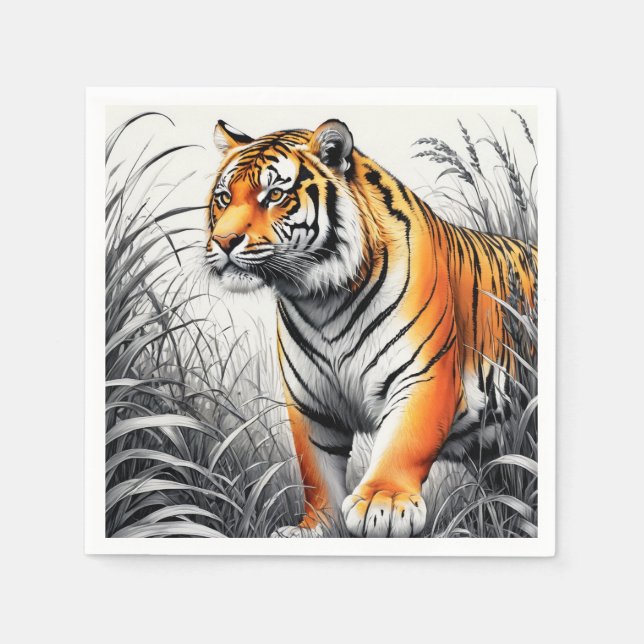 Guardanapo De Papel Cor de Arte Tigre Desenho Branco Parcial Preto (Frente)