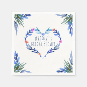 Guardanapo De Papel Coração Glam Elegante de Aquarela Floral Azul Bril
