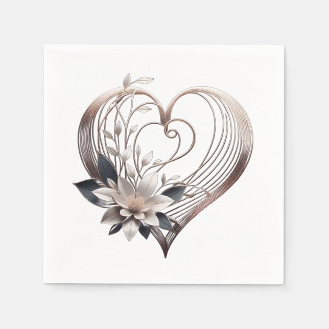 Guardanapo De Papel Coração Rosa Moderno com Flores-Casamento- (Frente)