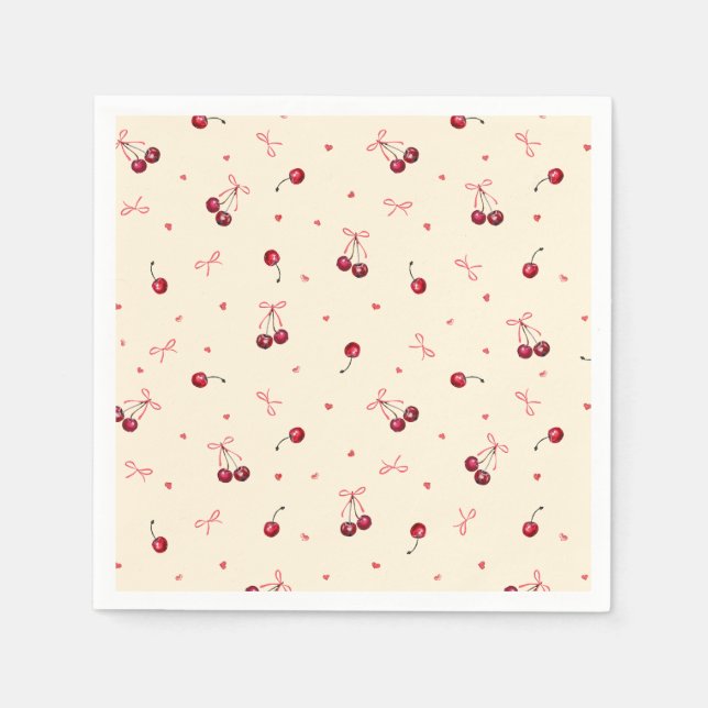 Guardanapo De Papel Corações e Laços Rosa Vermelho Fofo em Creme (Frente)