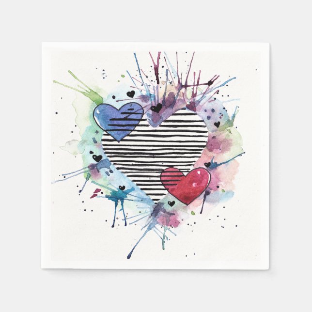Guardanapo De Papel Corações E Lavações Em Aquarela (Frente)