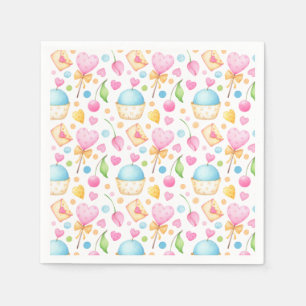 Guardanapo De Papel Corações e Muffins Delicioso Padrão de Aquarela