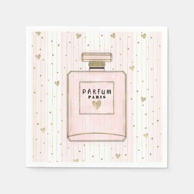 Guardanapo De Papel Corações Rosa e Dourado Paris, Moda Chic Parfum (Frente)