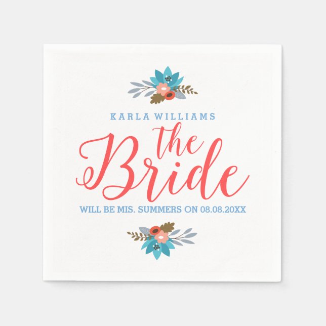 Guardanapo De Papel Coral Red Modern Text- The Bride & Blue Flowers (Frente)