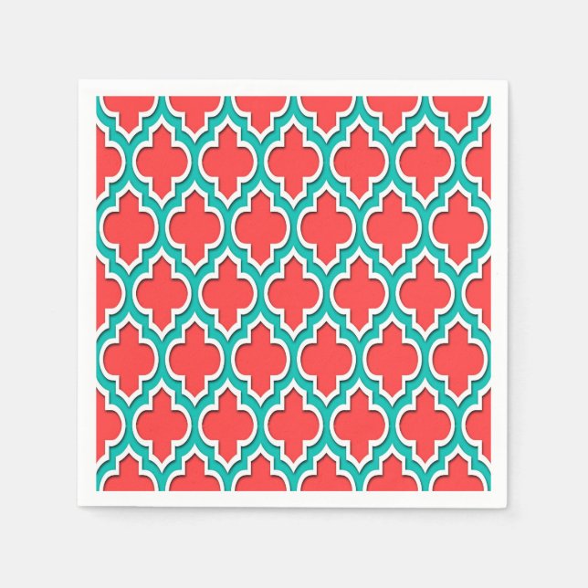 Guardanapo De Papel Coral Red Teal White Quatrefoil Marroquino #4DS (Frente)