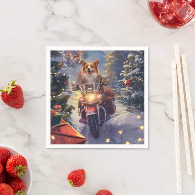 Guardanapo De Papel Corgi Cachorro Pilotando Motocicleta Natal (Insitu)