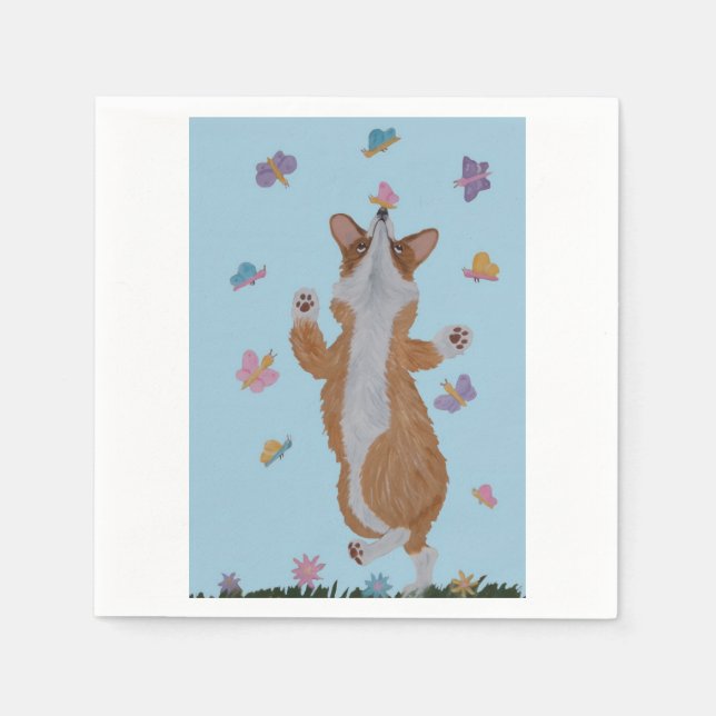 Guardanapo De Papel Corgi Galês Dançando com Borboletas (Frente)