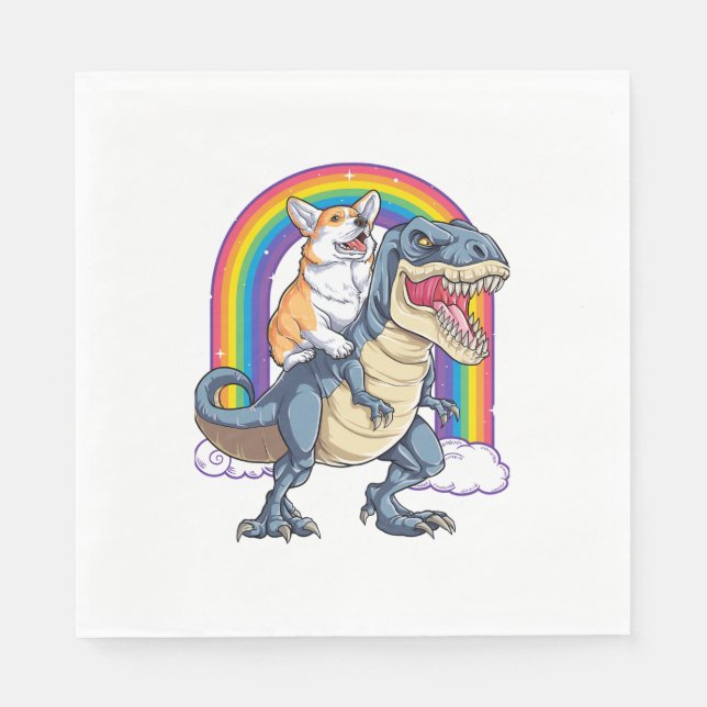 Guardanapo De Papel Corgi Riding Dinossaur T rex Shirt Engraçado Rainb (Frente)