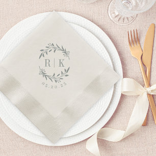 Guardanapo De Papel Coroa Botânica Azul Rústica Monograma de Casamento