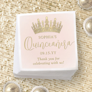 Guardanapo De Papel Coroa de Quinceañera Elegante Rosa Bege e Dourado