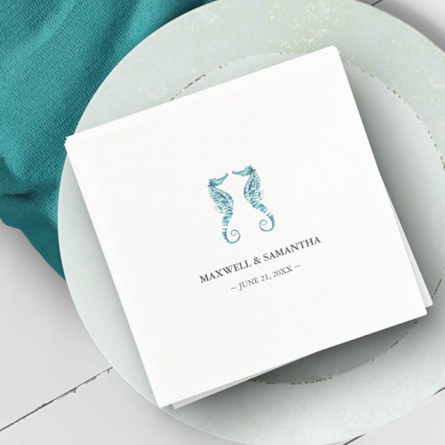 Guardanapo De Papel Costal Beach Seacavalos Personalizados (Beach wedding personalized paper napkins watercolor seahorses by Victoria Grigaliunas)
