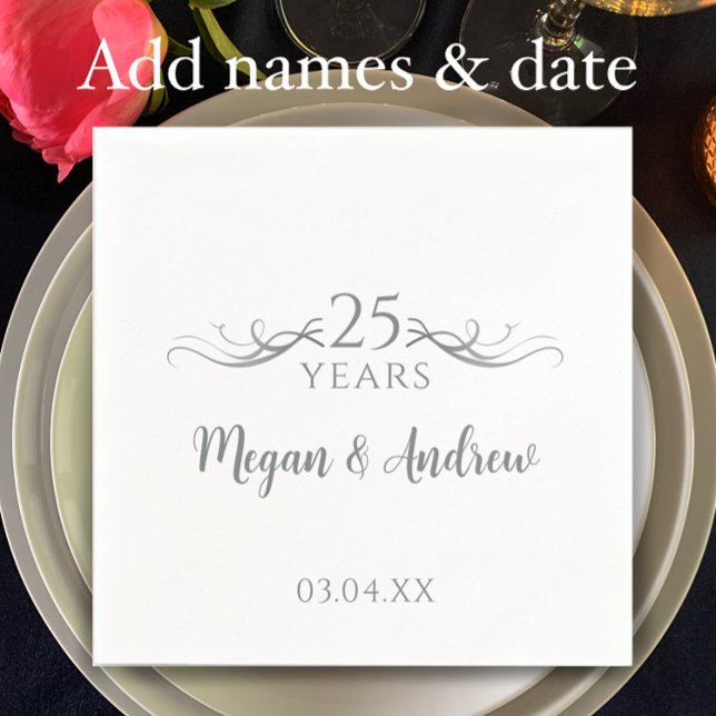 Guardanapo De Papel Couple's Names Modern 25th Wedding Anniversary (Add couple’s names and wedding anniversary date for elegant 25th wedding anniversary party napkins)