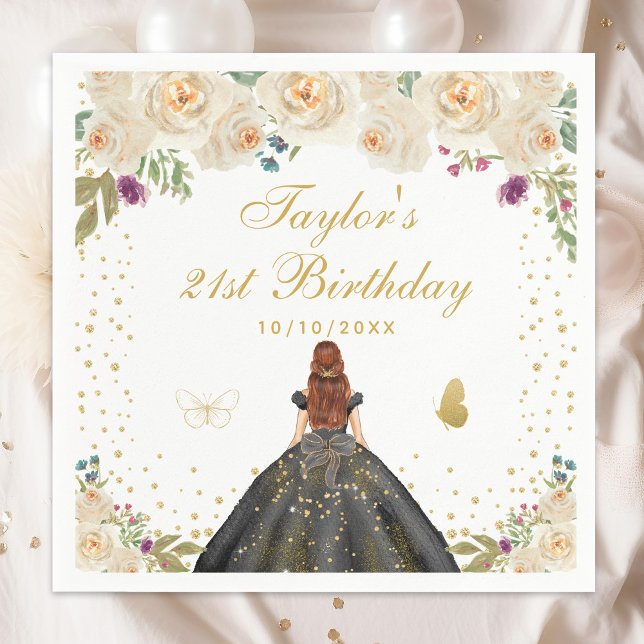 Guardanapo De Papel Cream Floral Brown Hair Girl Festa de aniversário (Criador carregado)