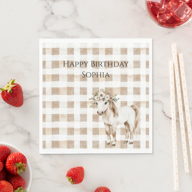 Guardanapo De Papel Cream White Plaid Stripes Horse Birthday (Insitu)