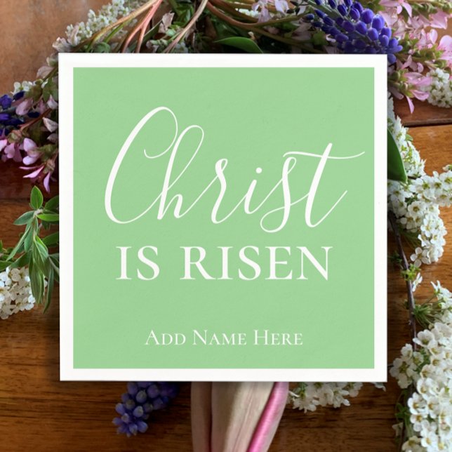 Guardanapo De Papel Cristo é Páscoa Cristã Verde Personalizada Risen (Christ is risen personalized modern script napkins. Christian Easter napkins mint green simple faith)