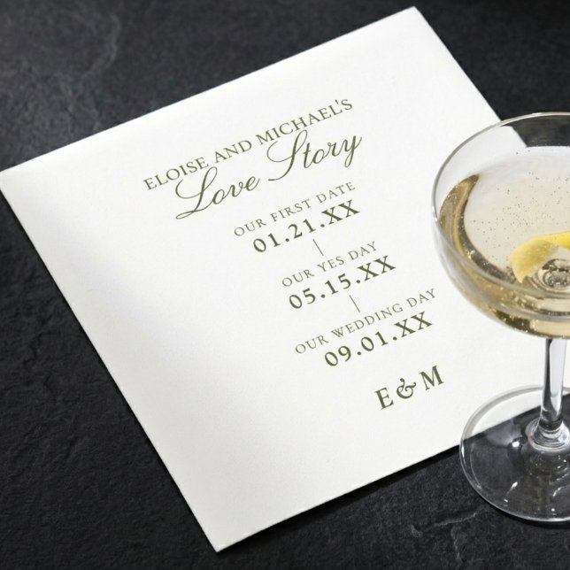 Guardanapo De Papel Cronologia de Clássico Romance História Sage Verde (Classic Love Story Timeline Sage Green Wedding Napkins)