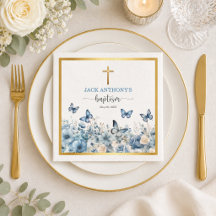 Cruz de Ouro Elegante Floral Azul Batismo