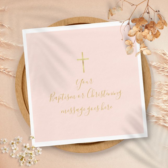 Guardanapo De Papel Cruz de Ouro Simples Batismo Cristão Rosa Bege (Simple Gold Cross Baptism Christening Blush Pink Napkins)