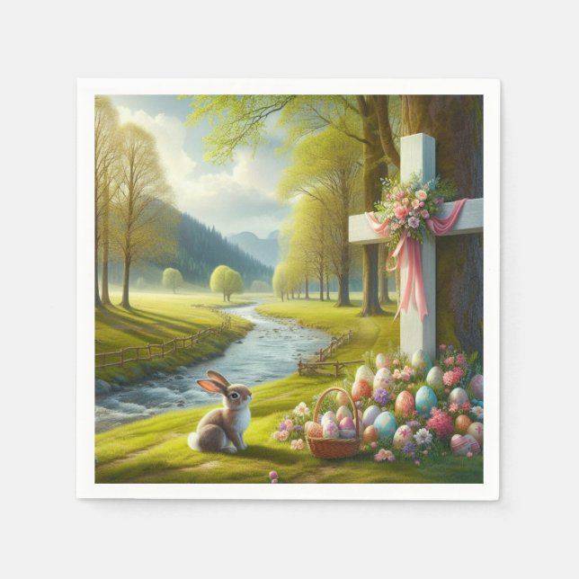 Guardanapo De Papel cruz de páscoa com coelho e ovos (Frente)