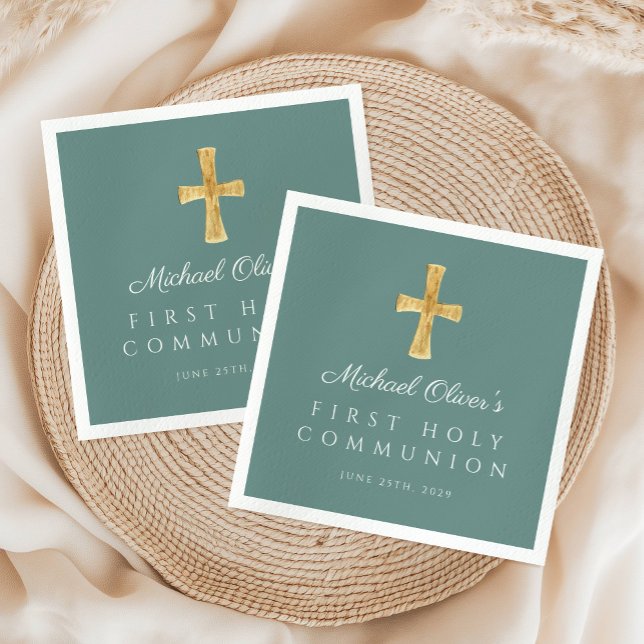 Guardanapo De Papel Cruz Religiosa Garoto Verde Primeira Comunhão Sagr (Cross Religious Boy Green First Holy Communion Napkins)