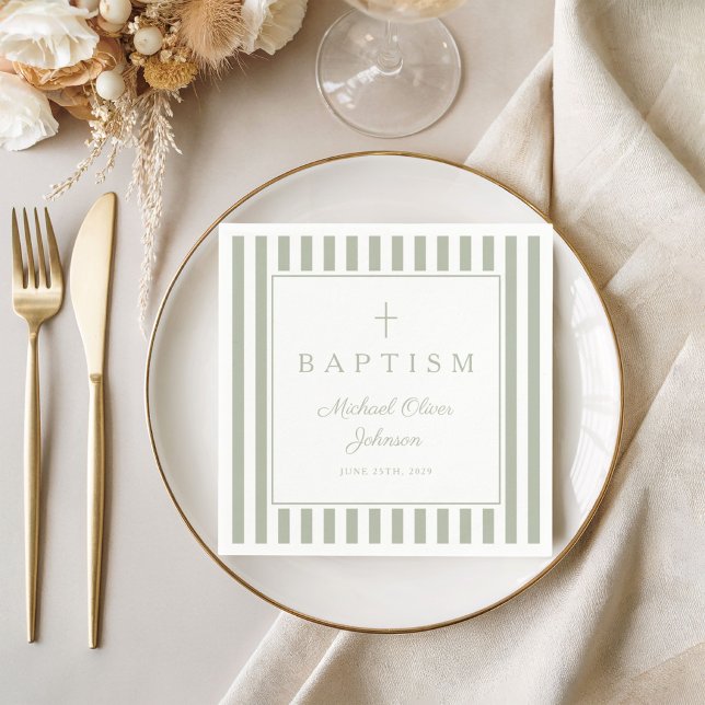 Guardanapo De Papel Cruz Religiosa Verde Sage Moderna Batismo Menino (Modern Sage Green Religius Cross Boy Baptism Napkins)