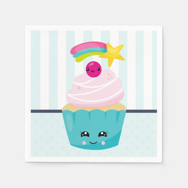Guardanapo De Papel Cupcake azul-bonito com a face Kawaii (Frente)