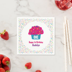 Guardanapo De Papel Cupcake de desenho cor-de-rosa claro primeiro aniv