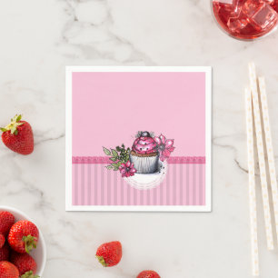 Guardanapo De Papel Cupcake de morango rosa com flores cor-de-rosa Nap