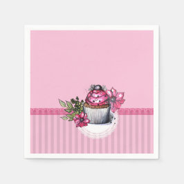 Guardanapo De Papel Cupcake de morango rosa com flores cor-de-rosa Nap