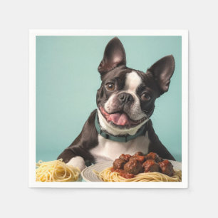 Guardanapo De Papel Curioso Terrier de Boston com espaghetti Bolognais