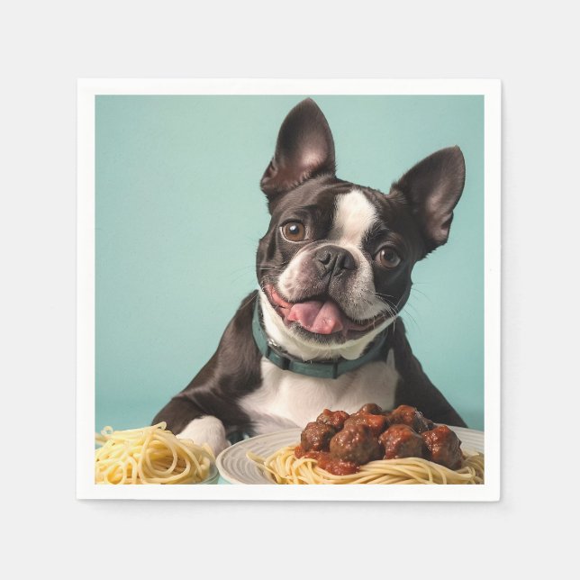 Guardanapo De Papel Curioso Terrier de Boston com espaghetti Bolognais (Frente)