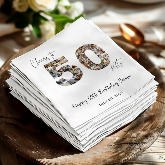 Guardanapo De Papel Custom Photo Collage 50th Birthday Party Napkins  (Criador carregado)