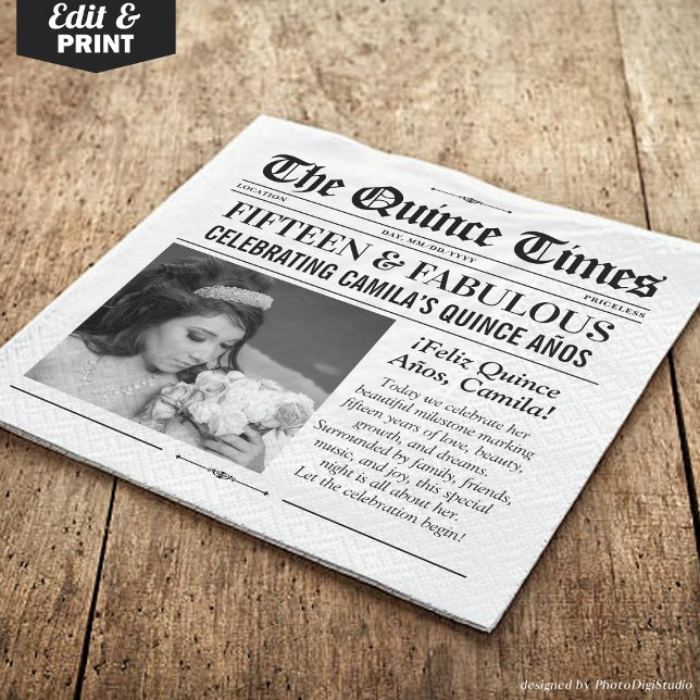 Guardanapo De Papel Custom Quinceañera Napkins, Miss Quince Newspaper (Custom Quinceañera Napkins, Miss Quince Newspaper Napkins)
