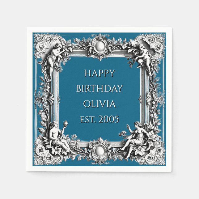 Guardanapo De Papel Custom Victorian Scroll Frame Napkin – dark blue (Frente)