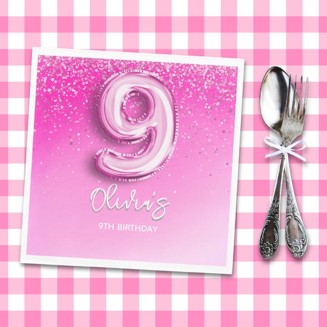 Guardanapo De Papel Cute 9th Birthday Girl Pink Number Balloon (Criador carregado)